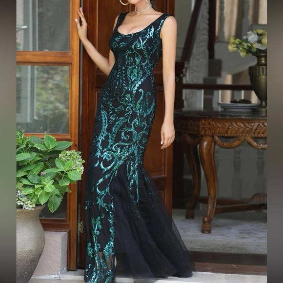 Luxe mermaid hem prom party formal mesh insert sequins gown dress - Picture 6 of 6